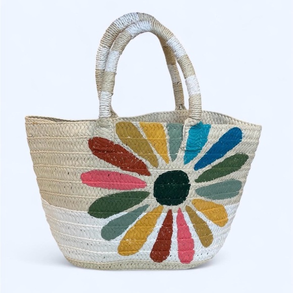 Straw Tote Bag with Hand Painted Flower Detail / Beach Bag, Farmer's Market Tote - Picture 1 of 7